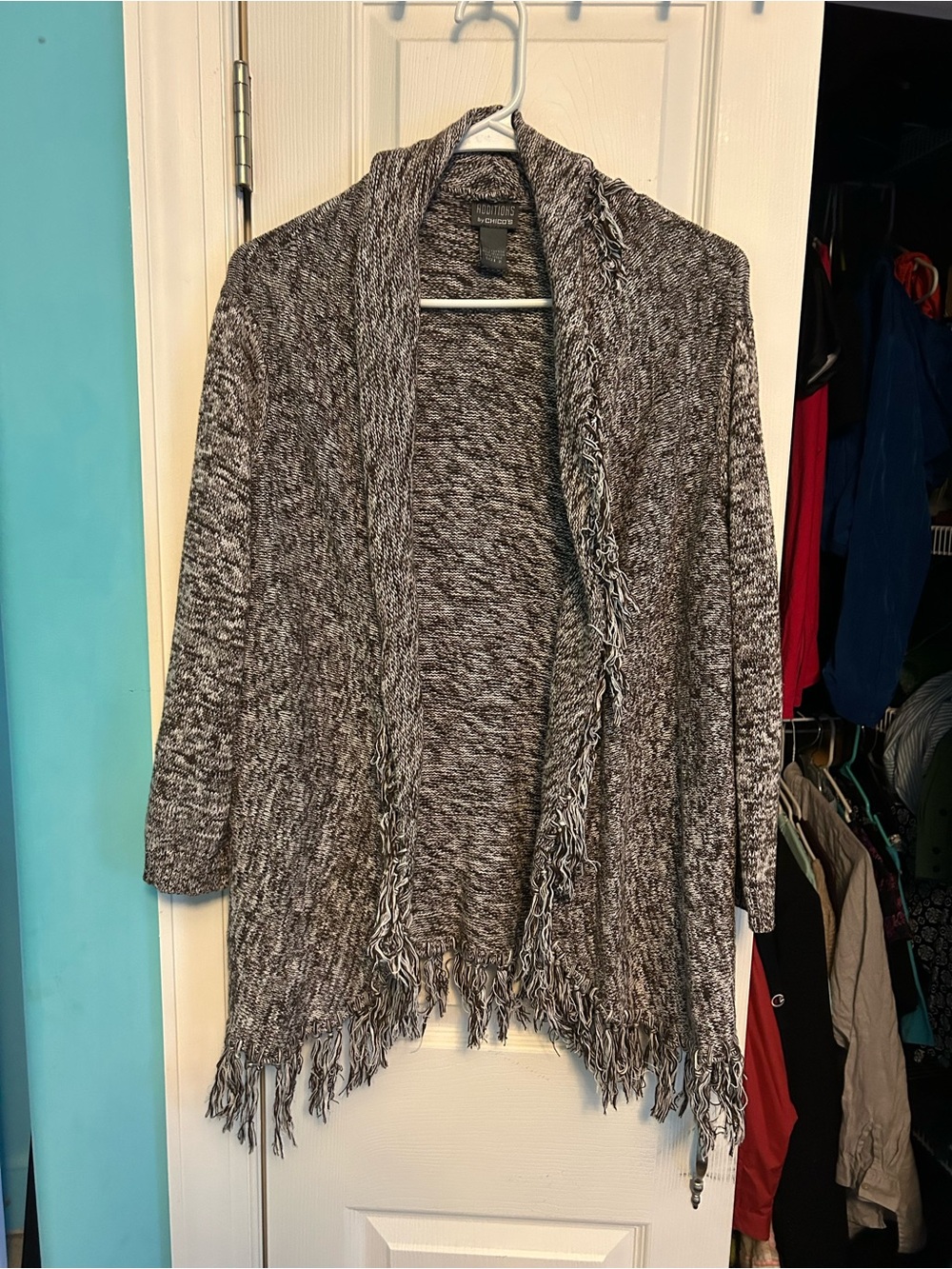 Chico's Black and White Marled Fringe Open-Front Cardigan